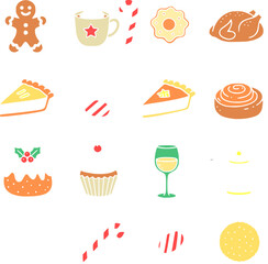 Flat color winter and Christmas vector icons, designed in a clean minimalist style. This festive icon bundle includes classic holiday elements such as Christmas tree, Santa hat, candy cane, and others