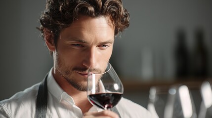 A young Caucasian man with curly hair examines a glass of red wine. He wears a white shirt and an apron, with a focused expression in a dimly lit setting.