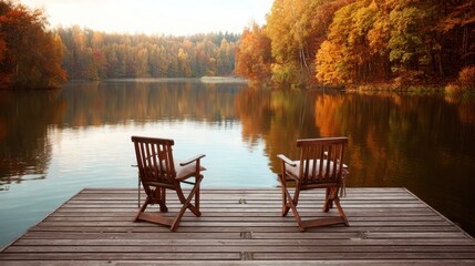 Fototapeta premium Two empty chairs on a wooden pier overlooking a calm lake surrounded by colorful autumn forest. Peaceful fall landscape.