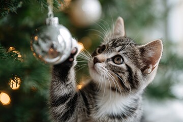 Kitten playing with ornament on Christmas tree in cozy home setting