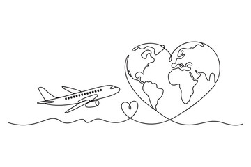 Continuous one line drawing of airplane flying around heart shaped world map illustration
