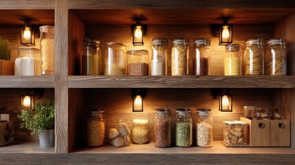 Assortment of dried food items in glass jars on rustic wooden shelves with warm glowing lights. Pantry organization concept for kitchen or home.