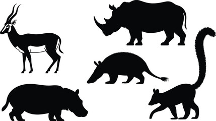Animal silhouette, wildlife icons, diverse species, black shapes, gazelle horns, rhino body, armadillo form, hippo posture, lemur tail, nature art, fauna design