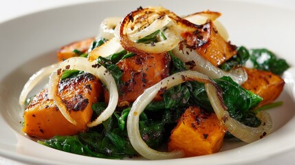 Freshly cooked spinach and roasted butternut squash salad with caramelized onions served in a bowl