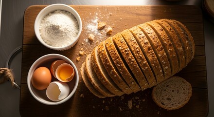 Closeup of still life with a glass of milk and cookies on wood, a delicious snack of fresh white and brown dessert food