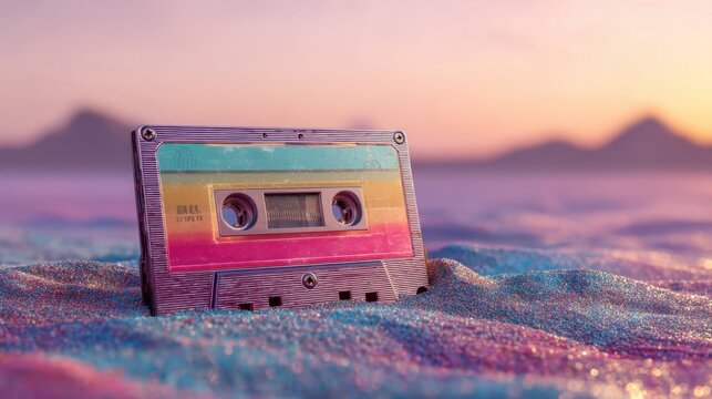 Retro cassette tape standing in shiny glitter sand at sunset. Nostalgic 80s and 90s music revival concept for entertainment.