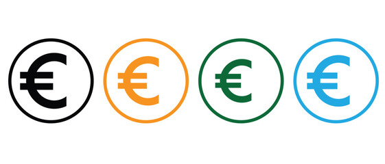 “Euro Currency Symbol Icon Set – Colorful Vector Design of Euro Signs in Circles for Finance, Banking, Money, Economy, and Business Graphic Illustrations”