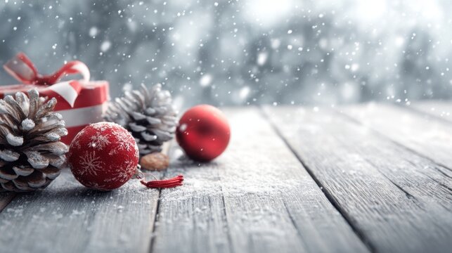 Red gift box, ornaments, and pinecones on snowing wooden table. Winter holiday celebration background for Christmas and New Year.