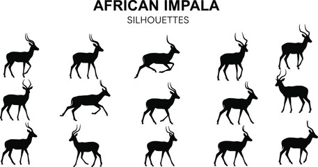 African impala silhouette, wildlife vector, animal poses, running impala, leaping antelope, black illustration, nature icon, graceful movement, horns