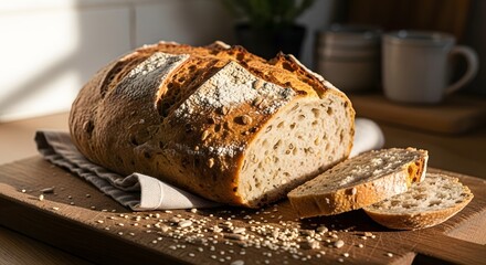 Fresh sliced loaf of bread with butter on a wooden board