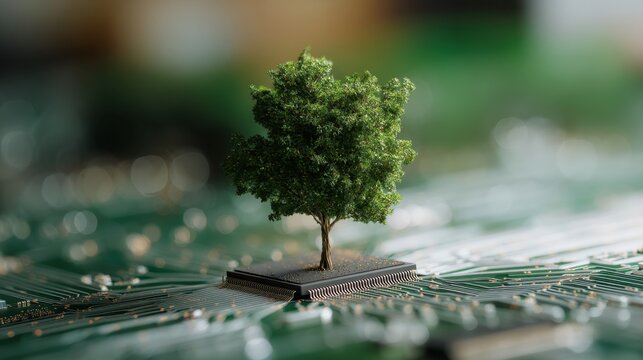Miniature tree standing on a microchip on a green circuit board. Green technology and sustainable computing concept. Nature integration.