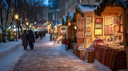 Two women walk a snow-covered path past festive market stalls during a Winter holiday evening. Christmas season celebration retail.