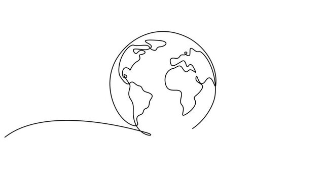 Animated self drawing of continuous line draw planet earth Continuous contour movement full length motion