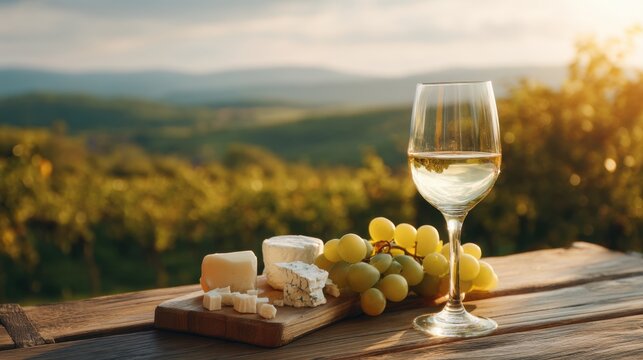 Glass of white wine, cheese board, and green grapes on wooden table. Vineyard view at sunset. Winemaking and tasting experience. - Powered by Adobe