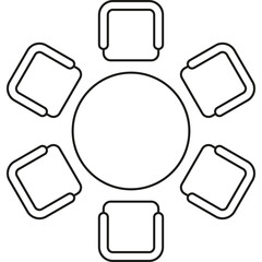 Top Down View Of A Circular Meeting Table Surrounded By Six Chairs In A Radial Arrangement On A...