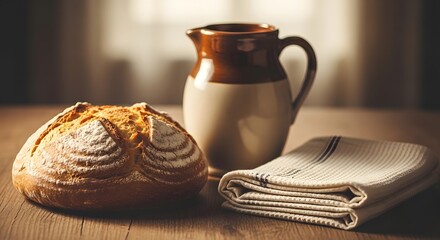Still life of a breakfast table with a milk jug coffee cup and sweet treats
