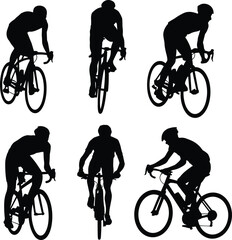 Obraz premium Cyclist silhouette set, road bike posture, active riding poses, sports motion study, helmeted figures, black shape collection, isolated white background