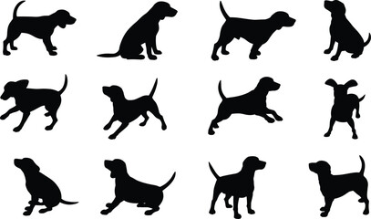 Dog silhouettes, canine poses, pet icons, black shapes, sitting dog, running stance, jumping posture, breed diversity, animal grid, dog anatomy, playful motion