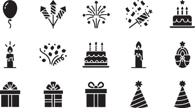 Collection of black and white silhouette vector icons representing birthday party celebration elements