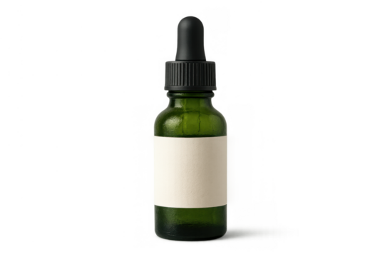 Green glass dropper bottle with blank label, offering natural skincare serum or essential oil product packaging