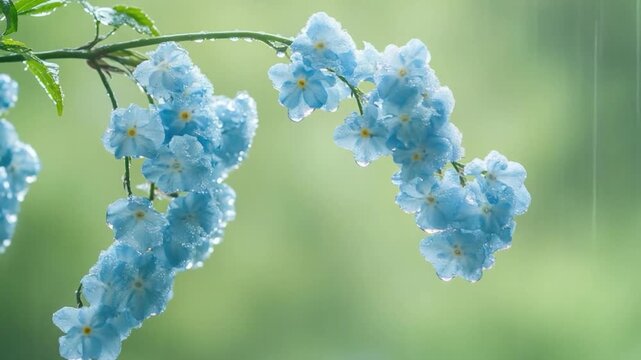A bunch of blue flowers growing in the rain