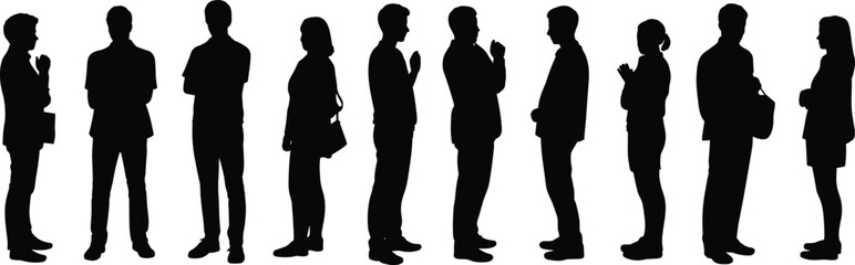 Human interaction silhouettes, business communication icons, social engagement graphics, black figure design, conversation symbols, minimal style, vector people set