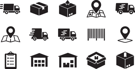Collection of black and white vector icons representing shipping logistics and delivery services