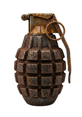 Rusted Metal Grenade with Grid Pattern and Aged Texture Isolated on White or Transparent Background