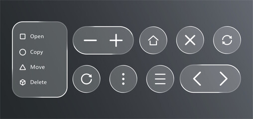 Futuristic Liquid Glass UI Kit with Modern App and Web Icons, Transparent Interface Elements, Minimalist Dashboard Components, and High-Tech Vector Design for Digital Projects