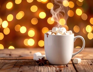 Steaming Mug of Hot Chocolate with Marshmallows on a Wooden Table.
