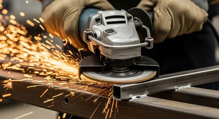 Metalworker expertly grinding steel with sparks flying