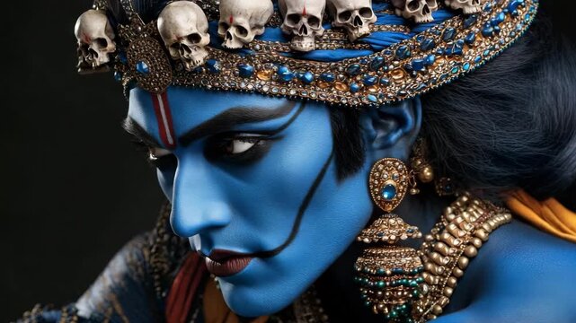 Detailed portrayal of a blue-skinned deity with ornate jewelry and skulls in a dramatic setting