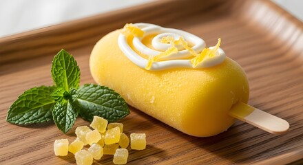 A frosty yellow popsicle. A frosty yellow popsicle garnished with a swirl of white cream, lemon zest curls, and fresh mint leaves sits on a wooden tray.