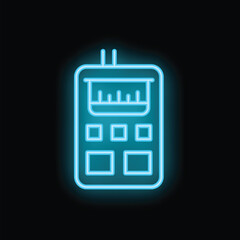 Fototapeta premium Blue neon sign representing a radio device with buttons, an antenna and a screen, on a black background
