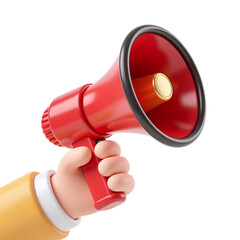 Hand Holding Red Megaphone Loudspeaker Attention Grabber 3D Render Icon Illustration Cute Cartoon Style