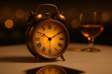 Golden Vintage Alarm Clock and Brandy Glass with Bokeh Lights retro time