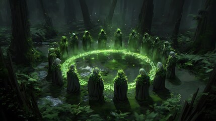 A group of cloaked figures forming a circle around a floating green spirit made of leaves and light, surrounded by ancient trees and glowing runes 