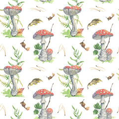 Fly agarics in the autumn forest. Seamless pattern with hand-painted watercolor illustrations. Vibrant mushrooms, fern and leaves. Ideal for woodland themed designs, fabric prints, and seasonal decor
