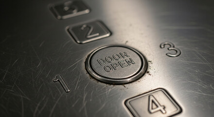 Close-up of Worn Elevator Buttons on a Scratched Metal Panel
A dramatic, close-up, low-angle shot focusing on a section of a scratched and dirty elevator control panel