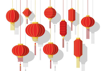 Collection of Red Lanterns in Various Shapes with Hanging Gold Accents as Festive Chinese New Year Decoration 