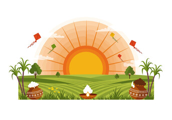 Scenic View of Lush Green Fields with Pongal Pots and Oil Lamp at Sunrise, Accompanied by Flying Kites
