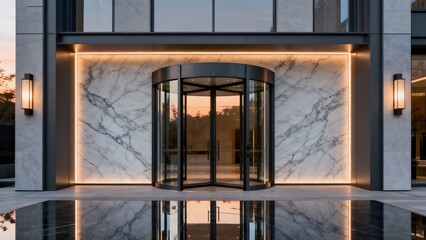Modern building entrance with marble and glass