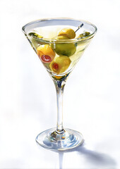 Martini glass with olives and cocktail garnish in bright light  
