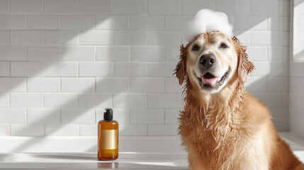Happy golden retriever with shampoo bubbles in bathroom