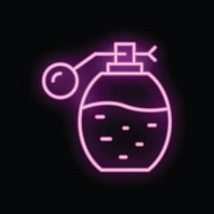 Neon sign representing a perfume bottle spraying a fragrance, with a black background