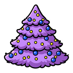 Purple Christmas tree illustration with blue and yellow ornaments