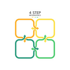 An elegant, four-step infographic template with interconnected rounded squares forming a looping cycle, using yellow and green gradients. Vector illustration.