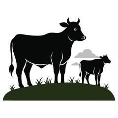 Cattle grazing on the grass field silhouette