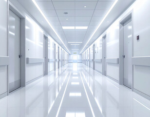 Bright and clean hospital corridor interior with modern white design, natural lighting, and sterile environment. Concept of healthcare facility, cleanliness, and safety.