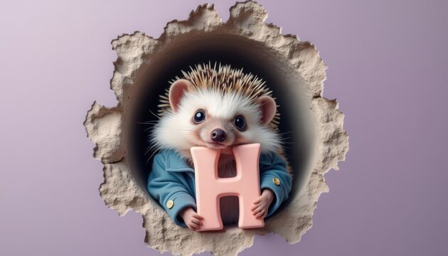 A cute hedgehog wearing a blue jacket holds a pink letter 'H'. The hedgehog has spiky fur and a small face, peeking through a hole in a wall.